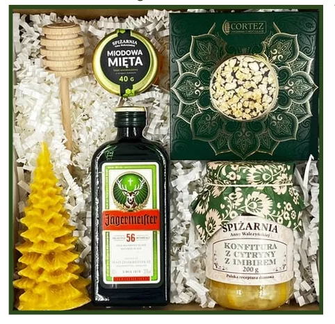 Zestaw: Jägermeister, miód, konfitura i czekolady